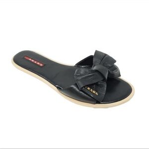 Prada Sport Black Leather Metal Logo Bow Slides Slip On Sandals Mules EUR 39